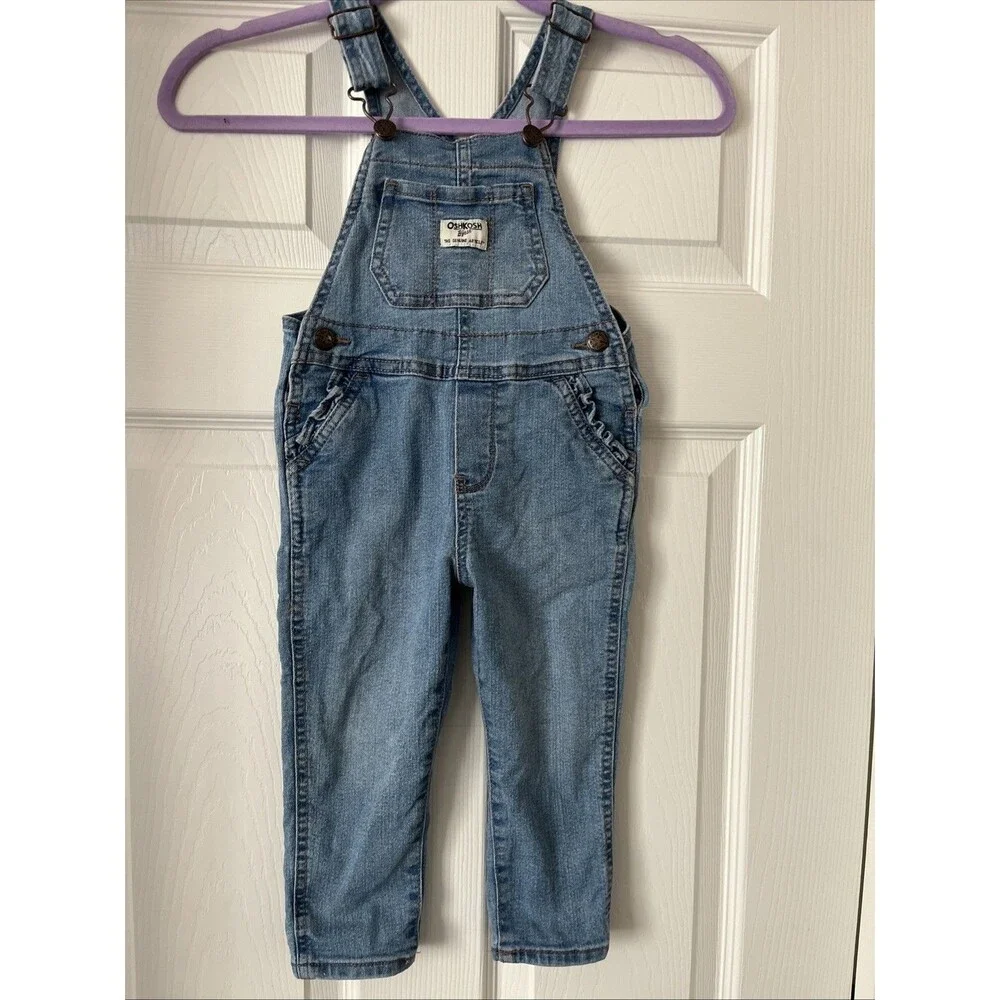 Oshkosh B'Gosh Toddler Vestbak Size 2T  Blue Jean Overalls Ruffle On Pockets
